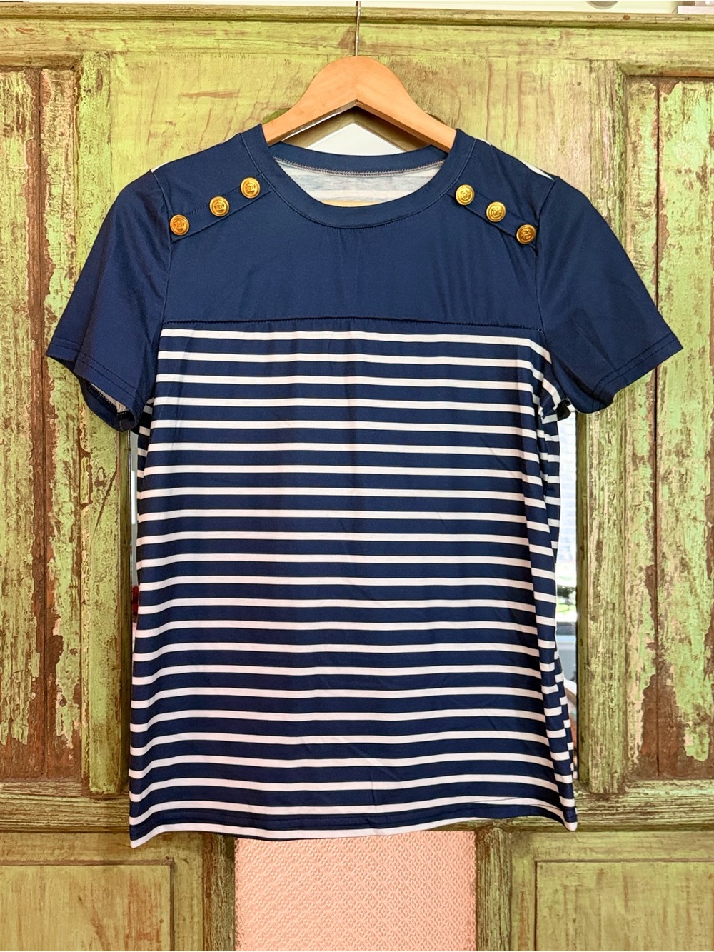 Women's Navy & White Striped Short Sleeve Tee with Gold Buttons - Picture 2 of 3